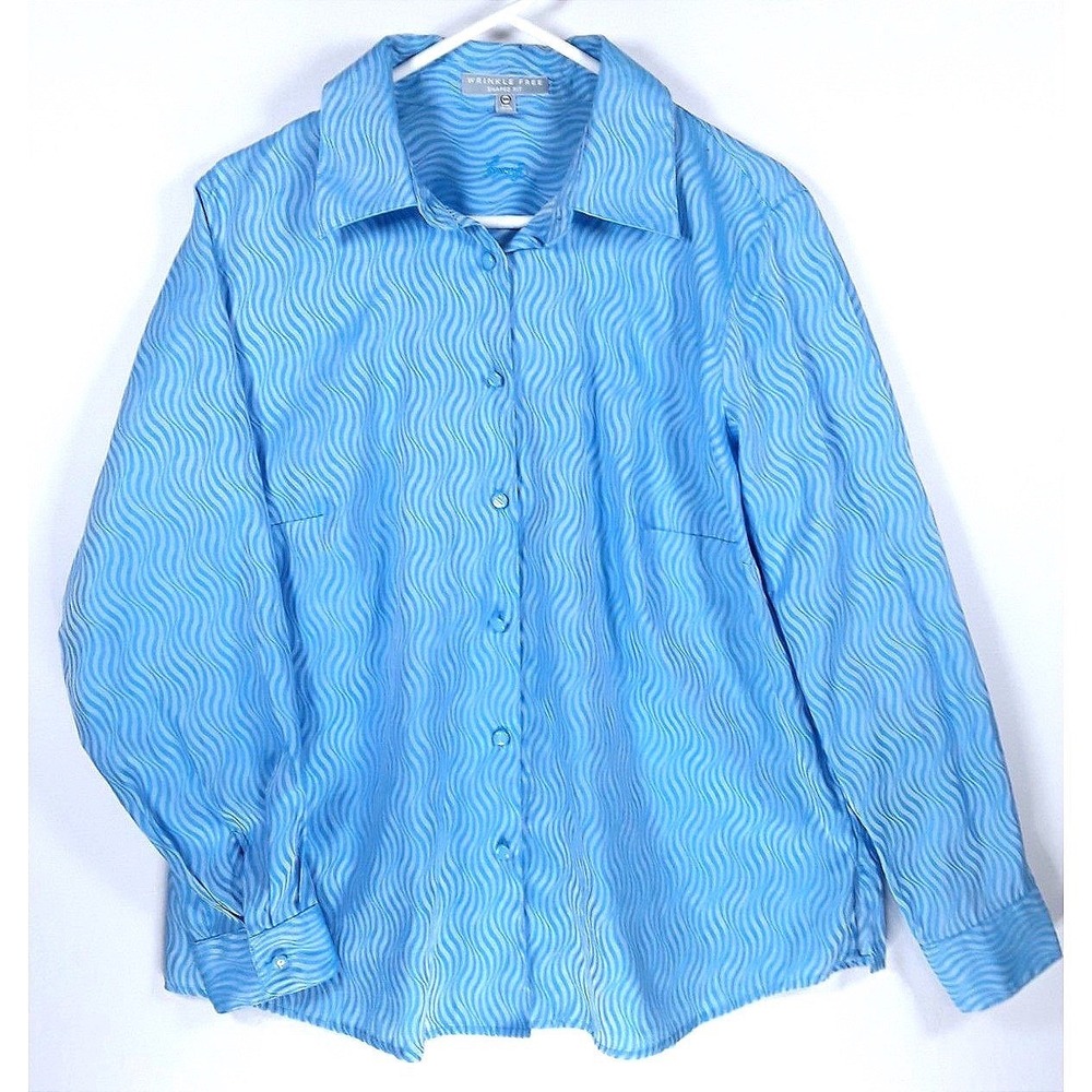 Wrinkle Free Blue Wave Print Button Up Shirt 14W 70s 80s Retro Funky Groovy Mod